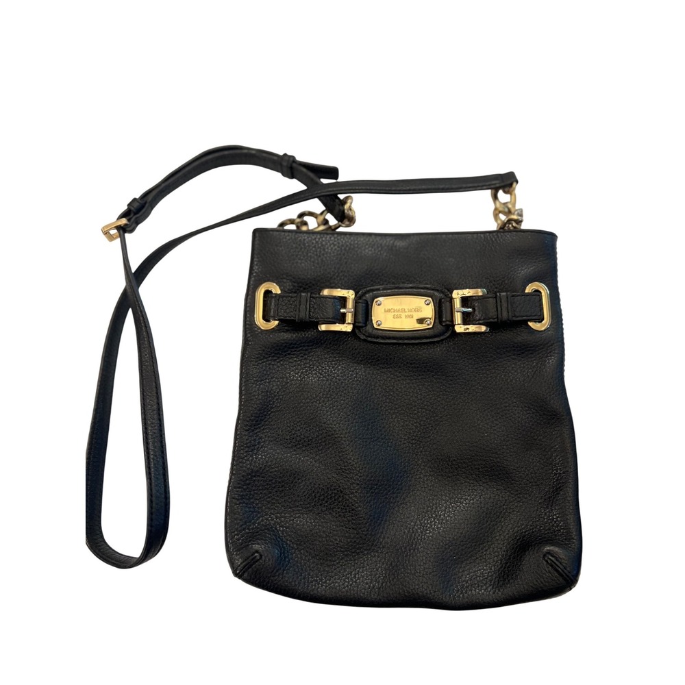 Michael Kors Black Pebbled Leather Crossbody Bag Gold Chain Buckle Detail Luxury